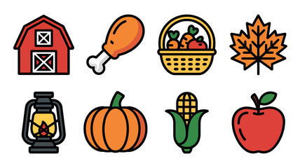 Autumn Harvest and Thanksgiving Icons Set with Barn Pumpkin Corn Apple and Lantern for Seasonal Celebrations