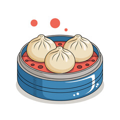 Delicious Steaming Dumplings Served in a Bamboo Steamer Cartoon Illustration on White Background Culinary Delights of Asian Cuisine