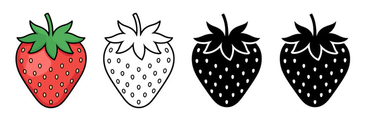 Strawberry Vector Illustration Set Red Outline and Black Versions Delicious Fruit Icon Designs for Food and Dessert Concepts