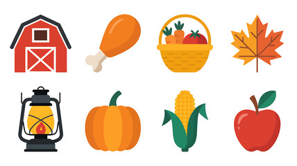 Fall Harvest and Thanksgiving Day Icons Set in Vector Illustration Style with Farm Elements and Seasonal Foods