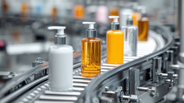 A High Resolution image of cosmetic bottles on a conveyor belt in a factory.