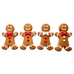 Fototapeta premium Four gingerbread men are arranged in a row on a white background.