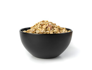Muesli isolated. Crunchy granola with cereal mix, oat flakes, dry fruits, berries and fiber