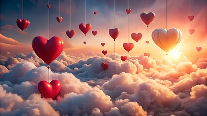 Dreamy valentines day background with heart shaped balloons floating in the sky above clouds at sunset, perfect for love themed designs
