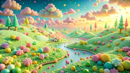 A whimsical landscape with candycolored hills, a winding river, and fluffy clouds, creating a joyful and imaginative scene for childrens designs