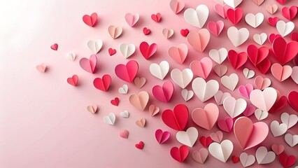 Valentines day background with paper hearts in red, pink and white colors on pink background, perfect for love themed designs