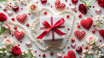 Valentines day gift box with red ribbon surrounded by hearts, roses, and pearls, creating a romantic and elegant composition on a white background