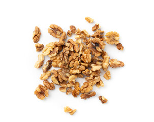 Chopped wallnut , broken roasted walnuts powder, heap of nuts crumbs, whole kernel pieces