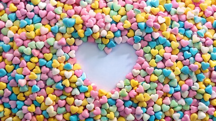 Colorful heart shaped sprinkles forming a heart shape in the center, creating a sweet and festive background for valentines day or any love related occasion