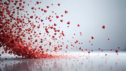 A cascade of red hearts spills onto a reflective surface, creating a romantic and festive atmosphere, perfect for valentines day or lovethemed celebrations
