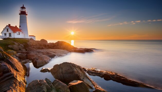 a serene image of a lighthouse on a rocky shore at sunrise - Powered by Adobe