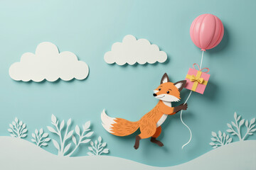 Pastel paper cut, animal paper art for festive Christmas and New year decoration holiday. A playful fox holds a balloon and a gift against a whimsical backdrop of clouds and greenery.
