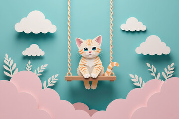 Pastel paper cut, animal paper art for festive Christmas and New year decoration holiday. Playful illustration of a cat on a swing amidst pastel clouds and foliage, creating a whimsical atmosphere.