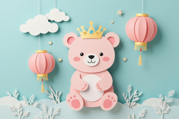 Pastel paper cut, animal paper art for festive Christmas and New year decoration holiday. Cute paper bear with a crown, surrounded by pink lanterns and clouds against a blue background.