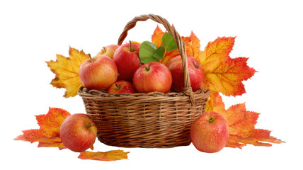 Autumn basket filled with fresh red apples and colorful fall leaves, seasonal harvest symbol of abundance and nature beauty on white background