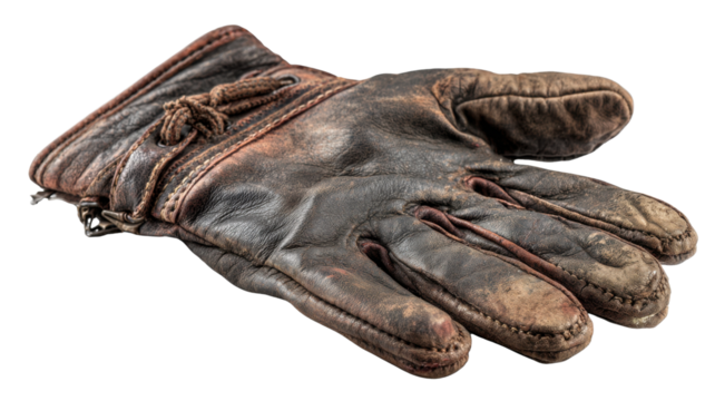 Worn vintage leather glove with aged texture and stitching detail, symbol of hard work craftsmanship and protection on white background