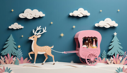 Pastel paper cut, animal paper art for festive Christmas and New year decoration holiday. Whimsical paper art scene featuring a deer pulling a pink carriage with a snowy landscape and clouds.