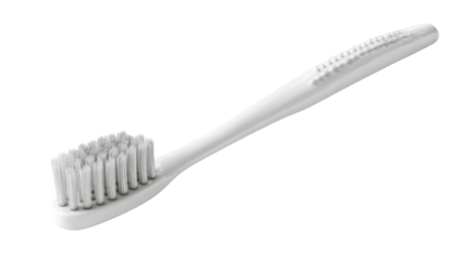 Clean white toothbrush with soft bristles isolated, dental hygiene object representing oral care cleanliness and daily routine health concept on white background