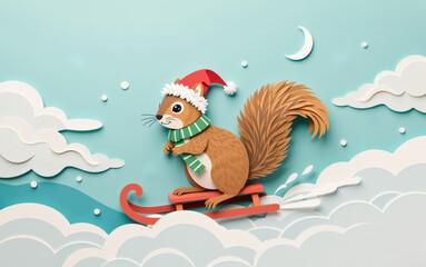 Pastel paper cut, animal paper art for festive Christmas and New year decoration holiday. A playful squirrel in a Santa hat sleds through fluffy clouds on a winter day