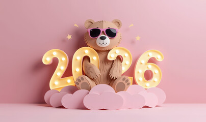 Pastel paper cut, animal paper art for festive Christmas and New year decoration holiday. A cute bear wearing sunglasses sits on a pink cloud with illuminated numbers representing the year 2026.