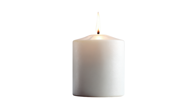 Single white candle burning with warm flame, symbol of peace remembrance spirituality and relaxation in darkness, minimal light concept on white background