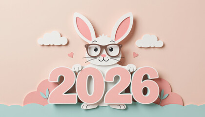 Pastel paper cut, animal paper art for festive Christmas and New year decoration holiday. Cute rabbit character holding the year 2026 in a colorful, playful setting with clouds and hearts.