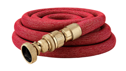 Red coiled fire hose with brass nozzle connector used for firefighting, emergency response, rescue service, and safety equipment on white background
