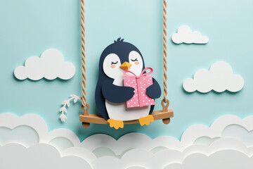 Pastel paper cut, animal paper art for festive Christmas and New year decoration holiday. A cute penguin holding a gift swings on a rope against a cloud-themed background.
