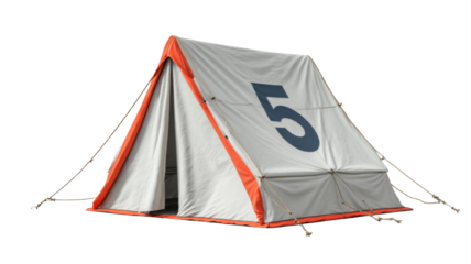 Outdoor camping tent with number five printed on canvas used for adventure, travel, hiking, and summer recreation on white background