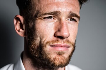 Fototapeta premium Close-up portrait of a pensive man with a beard, gazing thoughtfully into the distance, showcasing a natural, contemplative expression against a neutral background.