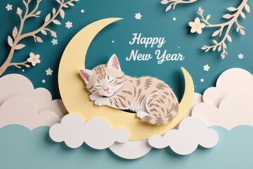 Pastel paper cut, animal paper art for festive Christmas and New year decoration holiday. A playful kitten sleeps on a crescent moon with floral decorations, celebrating the New Year.