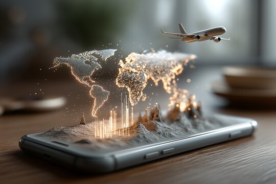 Smartphone on desk displays holographic world map with glowing continents and flying airplane, symbolizing global connectivity and technology