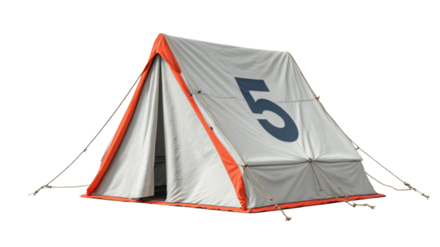 Outdoor camping tent with number five printed on canvas used for adventure, travel, hiking, and summer recreation on white background