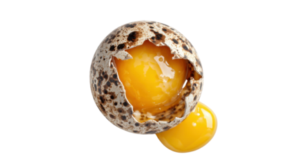 Close-up of cracked quail egg with bright yellow yolk, fresh organic food ingredient for cooking and nutrition concept on white background
