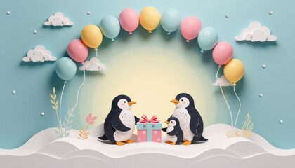 Pastel paper cut, animal paper art for festive Christmas and New year decoration holiday. Adorable penguin family with balloons and a gift in a whimsical, colorful winter landscape.