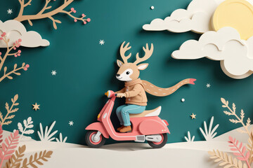 Pastel paper cut, animal paper art for festive Christmas and New year decoration holiday. A whimsical illustration of a deer character riding a scooter amidst a colorful, nature-inspired backdrop.