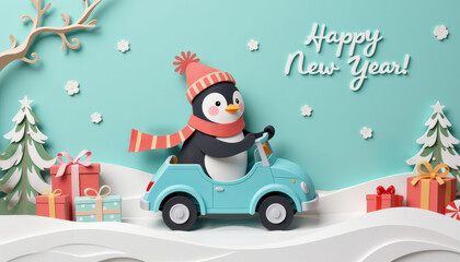 Pastel paper cut, animal paper art for festive Christmas and New year decoration holiday. Cheerful penguin driving a car surrounded by gifts and festive decorations for New Year celebration.