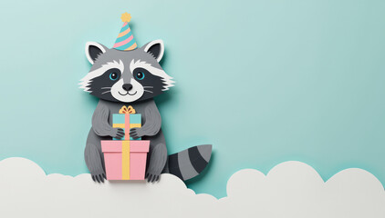 Pastel paper cut, animal paper art for festive Christmas and New year decoration holiday. Whimsical raccoon character with a birthday hat and gift, set against a light blue background with clouds.