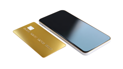 Golden credit card and smartphone placed together, modern digital payment technology, mobile banking and online finance concept on white background