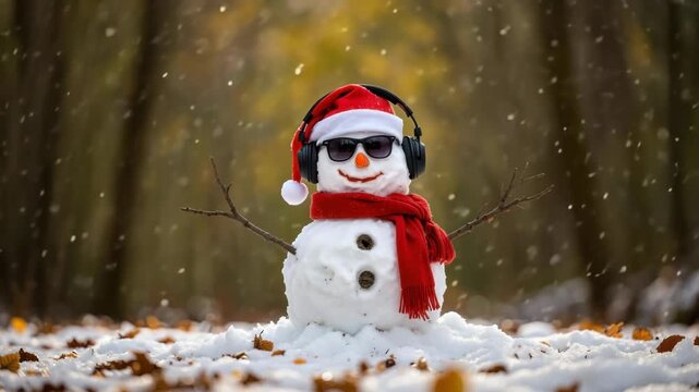 Snowman wearing Santa hat and sunglasses, cheerful winter scene, red scarf, headphones, festive holiday spirit, snowy forest path, joyful outdoor decoration, wintertime fun, playful ambiance
