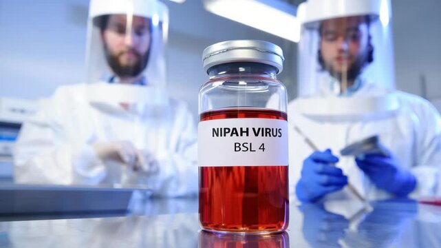 Nipah virus research in high-security laboratory, BSL 4 containment, scientists in protective suits, virology study, infectious disease research, biohazard laboratory, virus containment