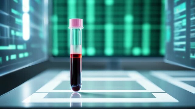 Blood sample tube in laboratory, DNA sequencing analysis, biotechnology, medical research, healthcare innovation, clinical diagnostics, genetic testing, laboratory equipment, blood test