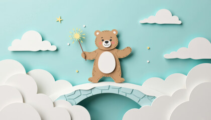 Pastel paper cut, animal paper art for festive Christmas and New year decoration holiday. A cute bear on a bridge surrounded by clouds, holding a sparkler against a light blue background.