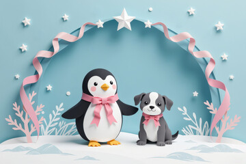 Pastel paper cut, animal paper art for festive Christmas and New year decoration holiday. Adorable paper-cut style scene featuring a penguin and a puppy under decorative stars and ribbons.
