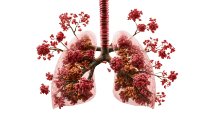 Detailed 3D medical illustration of human lungs showing alveoli and bronchial structure for anatomy and healthcare education on white background
