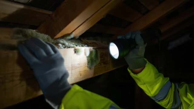 Mold inspection in dark attic, flashlight illuminating wooden beam, moisture detection, safety, protective clothing, home maintenance, building inspection, mold prevention, structural safety