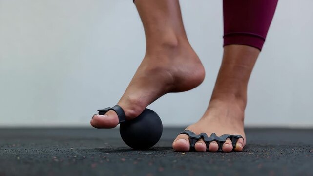 Feet with toe separators and massage ball, foot mobility training, natural alignment, barefoot therapy, toe exercise, plantar fascia release, physical recovery, balance work, minimalist fitness