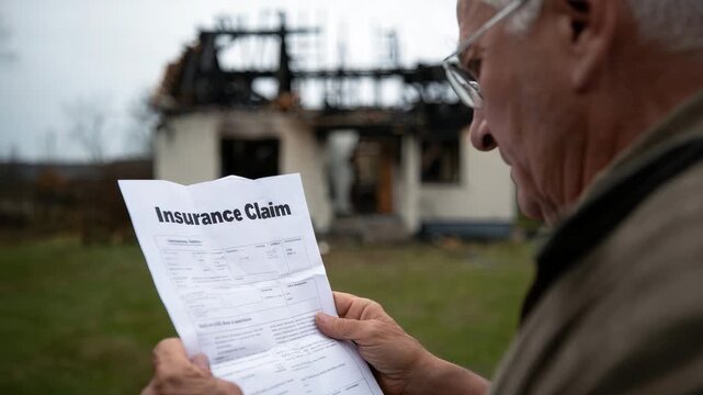 Man holding insurance claim form in front of burnt house, post-fire damage assessment, home insurance process, recovery after disaster, documentation review, financial assistance