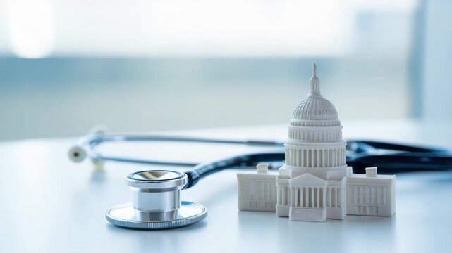 Stethoscope with Capitol model, healthcare policy, government regulation, medical system, public health legislation, health reform, political decision-making, national healthcare