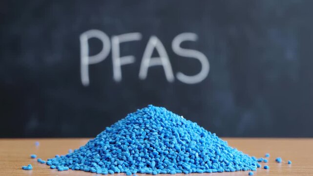 Pile of blue polymer granules representing PFAS compounds, chemical contamination, bioresistance, industrial chemistry, environmental impact, health effects, synthetic materials, chemical research